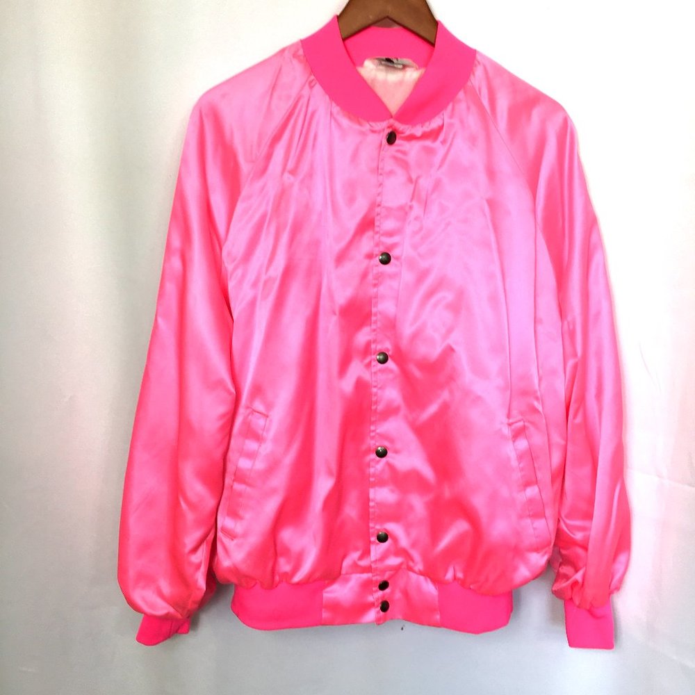 50's Style Pink Satin Bomber Poodle Style Jacket  Mac's Diner Vtg  2XL